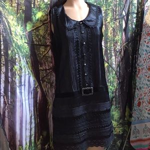 Anna Sui Black Sleeveless Midi Dress with Pintuck & Lace Details
